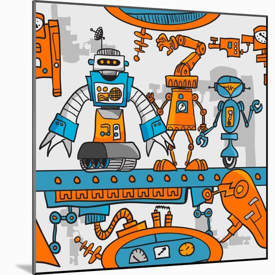 Seamless Pattern Cartoon Robots on the Assembly Line-DarkInk-Mounted Art Print