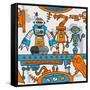 Seamless Pattern Cartoon Robots on the Assembly Line-DarkInk-Framed Stretched Canvas