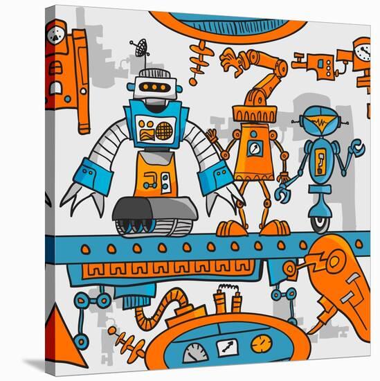 Seamless Pattern Cartoon Robots on the Assembly Line-DarkInk-Stretched Canvas