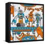 Seamless Pattern Cartoon Robots on the Assembly Line-DarkInk-Framed Stretched Canvas