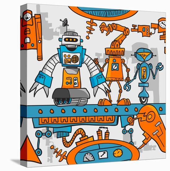 Seamless Pattern Cartoon Robots on the Assembly Line-DarkInk-Stretched Canvas