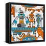 Seamless Pattern Cartoon Robots on the Assembly Line-DarkInk-Framed Stretched Canvas