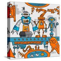 Seamless Pattern Cartoon Robots on the Assembly Line-DarkInk-Stretched Canvas