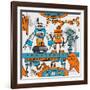 Seamless Pattern Cartoon Robots on the Assembly Line-DarkInk-Framed Art Print