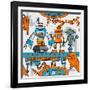 Seamless Pattern Cartoon Robots on the Assembly Line-DarkInk-Framed Art Print