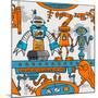 Seamless Pattern Cartoon Robots on the Assembly Line-DarkInk-Mounted Art Print