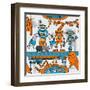 Seamless Pattern Cartoon Robots on the Assembly Line-DarkInk-Framed Art Print