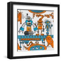 Seamless Pattern Cartoon Robots on the Assembly Line-DarkInk-Framed Art Print