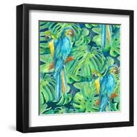 Seamless Pattern Element of Two Ara Parrots and Leaves of Monstera-NadiiaZ-Framed Art Print