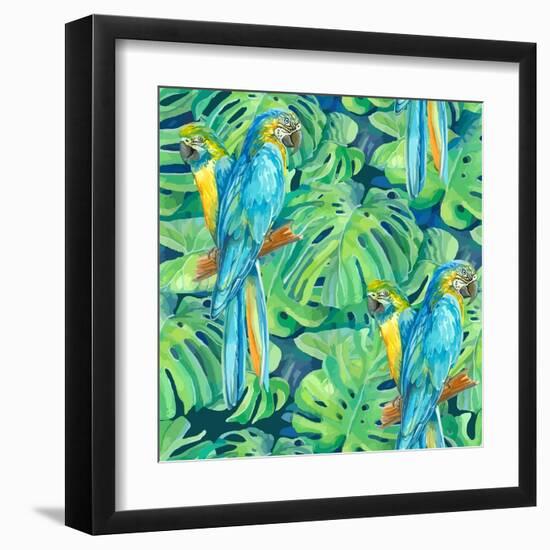 Seamless Pattern Element of Two Ara Parrots and Leaves of Monstera-NadiiaZ-Framed Art Print