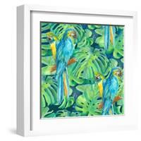 Seamless Pattern Element of Two Ara Parrots and Leaves of Monstera-NadiiaZ-Framed Art Print