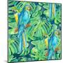 Seamless Pattern Element of Two Ara Parrots and Leaves of Monstera-NadiiaZ-Mounted Art Print
