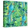 Seamless Pattern Element of Two Ara Parrots and Leaves of Monstera-NadiiaZ-Stretched Canvas