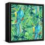 Seamless Pattern Element of Two Ara Parrots and Leaves of Monstera-NadiiaZ-Framed Stretched Canvas