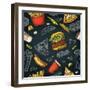 Seamless Pattern Fast Food. Cup Cola, Coffee, Chips, Hamburger, Pizza, Hotdog, Fry Potato Paper Box-MoreVector-Framed Art Print