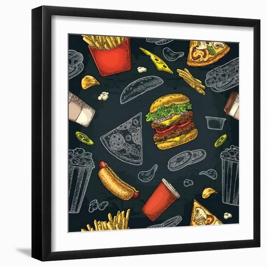 Seamless Pattern Fast Food. Cup Cola, Coffee, Chips, Hamburger, Pizza, Hotdog, Fry Potato Paper Box-MoreVector-Framed Art Print