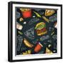 Seamless Pattern Fast Food. Cup Cola, Coffee, Chips, Hamburger, Pizza, Hotdog, Fry Potato Paper Box-MoreVector-Framed Art Print