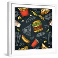 Seamless Pattern Fast Food. Cup Cola, Coffee, Chips, Hamburger, Pizza, Hotdog, Fry Potato Paper Box-MoreVector-Framed Art Print