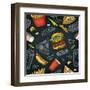 Seamless Pattern Fast Food. Cup Cola, Coffee, Chips, Hamburger, Pizza, Hotdog, Fry Potato Paper Box-MoreVector-Framed Art Print