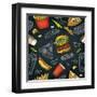 Seamless Pattern Fast Food. Cup Cola, Coffee, Chips, Hamburger, Pizza, Hotdog, Fry Potato Paper Box-MoreVector-Framed Art Print