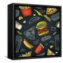 Seamless Pattern Fast Food. Cup Cola, Coffee, Chips, Hamburger, Pizza, Hotdog, Fry Potato Paper Box-MoreVector-Framed Stretched Canvas