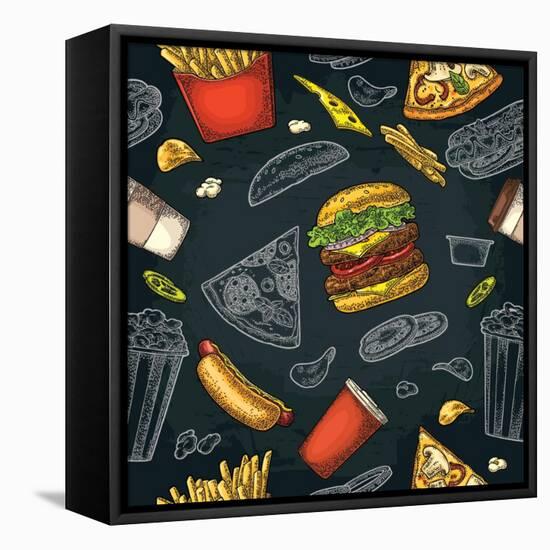 Seamless Pattern Fast Food. Cup Cola, Coffee, Chips, Hamburger, Pizza, Hotdog, Fry Potato Paper Box-MoreVector-Framed Stretched Canvas