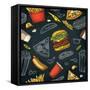 Seamless Pattern Fast Food. Cup Cola, Coffee, Chips, Hamburger, Pizza, Hotdog, Fry Potato Paper Box-MoreVector-Framed Stretched Canvas