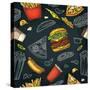 Seamless Pattern Fast Food. Cup Cola, Coffee, Chips, Hamburger, Pizza, Hotdog, Fry Potato Paper Box-MoreVector-Stretched Canvas