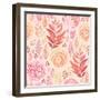 Seamless Pattern of English Rose, Ranunculus, Colorful Branches and Leaves Pink, Red, Yellow and Or-Nikiparonak-Framed Art Print