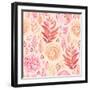 Seamless Pattern of English Rose, Ranunculus, Colorful Branches and Leaves Pink, Red, Yellow and Or-Nikiparonak-Framed Art Print