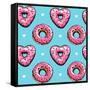 Seamless Pattern. Pink Heart Donuts on a Blue Background. Textile Composition, Hand Drawn Style Pri-null-Framed Stretched Canvas