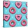 Seamless Pattern. Pink Heart Donuts on a Blue Background. Textile Composition, Hand Drawn Style Pri-null-Stretched Canvas