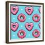 Seamless Pattern. Pink Heart Donuts on a Blue Background. Textile Composition, Hand Drawn Style Pri-null-Framed Premium Giclee Print