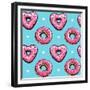 Seamless Pattern. Pink Heart Donuts on a Blue Background. Textile Composition, Hand Drawn Style Pri-null-Framed Premium Giclee Print