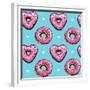 Seamless Pattern. Pink Heart Donuts on a Blue Background. Textile Composition, Hand Drawn Style Pri-null-Framed Premium Giclee Print