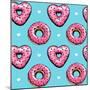 Seamless Pattern. Pink Heart Donuts on a Blue Background. Textile Composition, Hand Drawn Style Pri-null-Mounted Premium Giclee Print