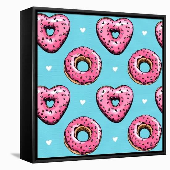 Seamless Pattern. Pink Heart Donuts on a Blue Background. Textile Composition, Hand Drawn Style Pri-null-Framed Stretched Canvas