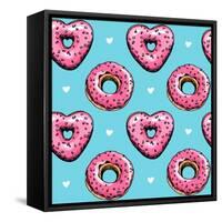 Seamless Pattern. Pink Heart Donuts on a Blue Background. Textile Composition, Hand Drawn Style Pri-null-Framed Stretched Canvas