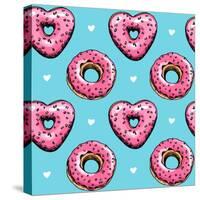 Seamless Pattern. Pink Heart Donuts on a Blue Background. Textile Composition, Hand Drawn Style Pri-null-Stretched Canvas