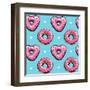 Seamless Pattern. Pink Heart Donuts on a Blue Background. Textile Composition, Hand Drawn Style Pri-null-Framed Art Print