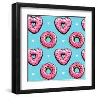 Seamless Pattern. Pink Heart Donuts on a Blue Background. Textile Composition, Hand Drawn Style Pri-null-Framed Art Print