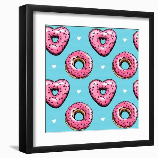 Seamless Pattern. Pink Heart Donuts on a Blue Background. Textile Composition, Hand Drawn Style Pri-null-Framed Art Print