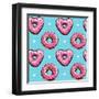 Seamless Pattern. Pink Heart Donuts on a Blue Background. Textile Composition, Hand Drawn Style Pri-null-Framed Art Print