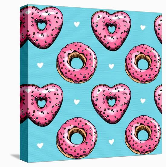 Seamless Pattern. Pink Heart Donuts on a Blue Background. Textile Composition, Hand Drawn Style Pri-null-Stretched Canvas