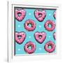 Seamless Pattern. Pink Heart Donuts on a Blue Background. Textile Composition, Hand Drawn Style Pri-null-Framed Art Print