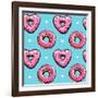 Seamless Pattern. Pink Heart Donuts on a Blue Background. Textile Composition, Hand Drawn Style Pri-null-Framed Art Print