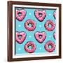 Seamless Pattern. Pink Heart Donuts on a Blue Background. Textile Composition, Hand Drawn Style Pri-null-Framed Art Print