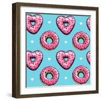 Seamless Pattern. Pink Heart Donuts on a Blue Background. Textile Composition, Hand Drawn Style Pri-null-Framed Art Print