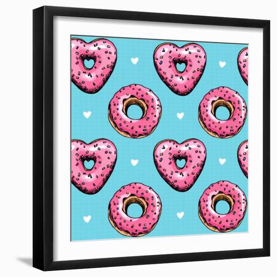 Seamless Pattern. Pink Heart Donuts on a Blue Background. Textile Composition, Hand Drawn Style Pri-null-Framed Art Print