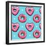Seamless Pattern. Pink Heart Donuts on a Blue Background. Textile Composition, Hand Drawn Style Pri-null-Framed Art Print